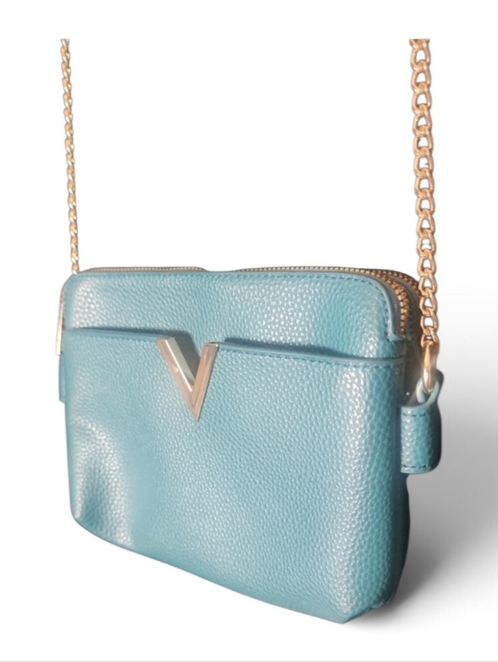 Crossi Teal Leather Crossbody with Gold Chain Strap - Picture 2 of 5
